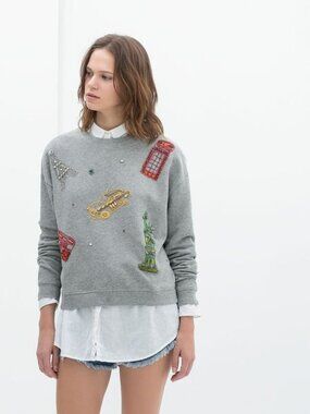 ZARA Embellished Global City Travel Icon Sweatshirt M